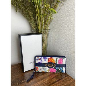 Gucci Blue Flora Floral Quilted Zip Around Wallet